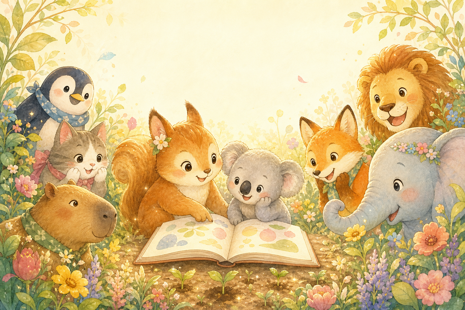 花いっぱいの庭で絵本を囲む動物たち